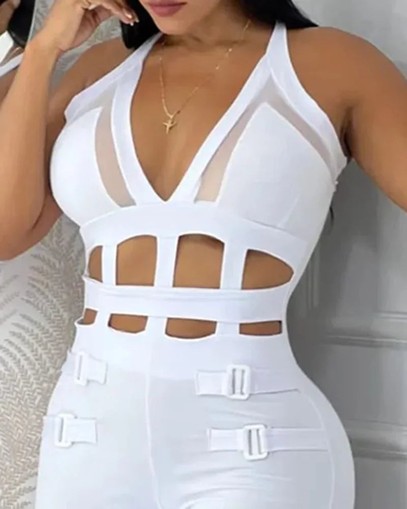 Summer Women Sexy Hollow Out Halter Buckled Contrast Mesh Jumpsuit  Skinny Night Out Chic Sleeveless Office Lady Jumpsuit - JN Fashion Fusion