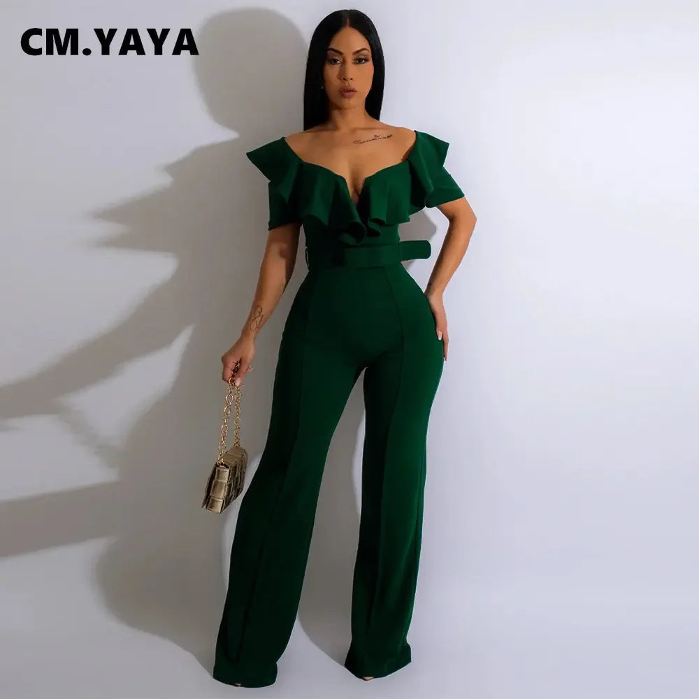 CM.YAYA Vintage Women Butterfly Sleeve Zipper Back Sashes High Waist Straight Wide Leg Jumpsuit 2023 Party Evening One Piece Set - JN Fashion Fusion