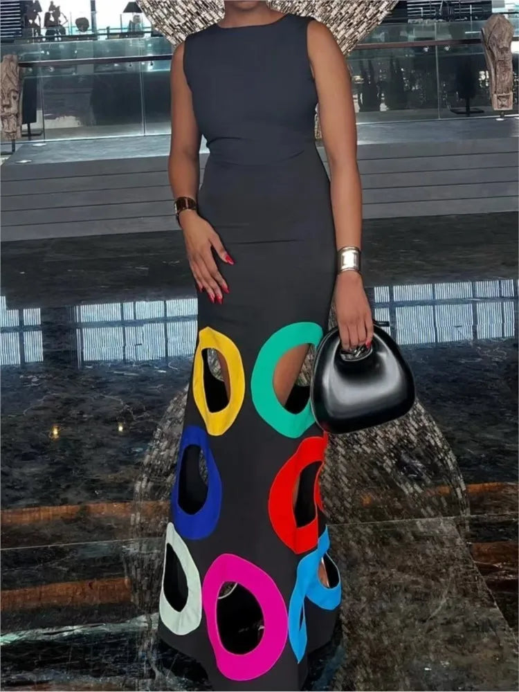 Fashion O-neck Sleeveless Waist Dress For Women Elegant Spring Summer Slim Fit Hollow Positioning Printing Casual Dresses Female