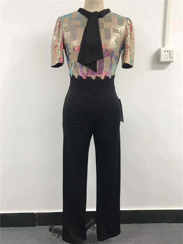 HBLL New Combinaison Femme Sexy Birthday Outfits Women Sequin Patchwork Jumpsuit Luxury High-Waist One Pieces Party Romper