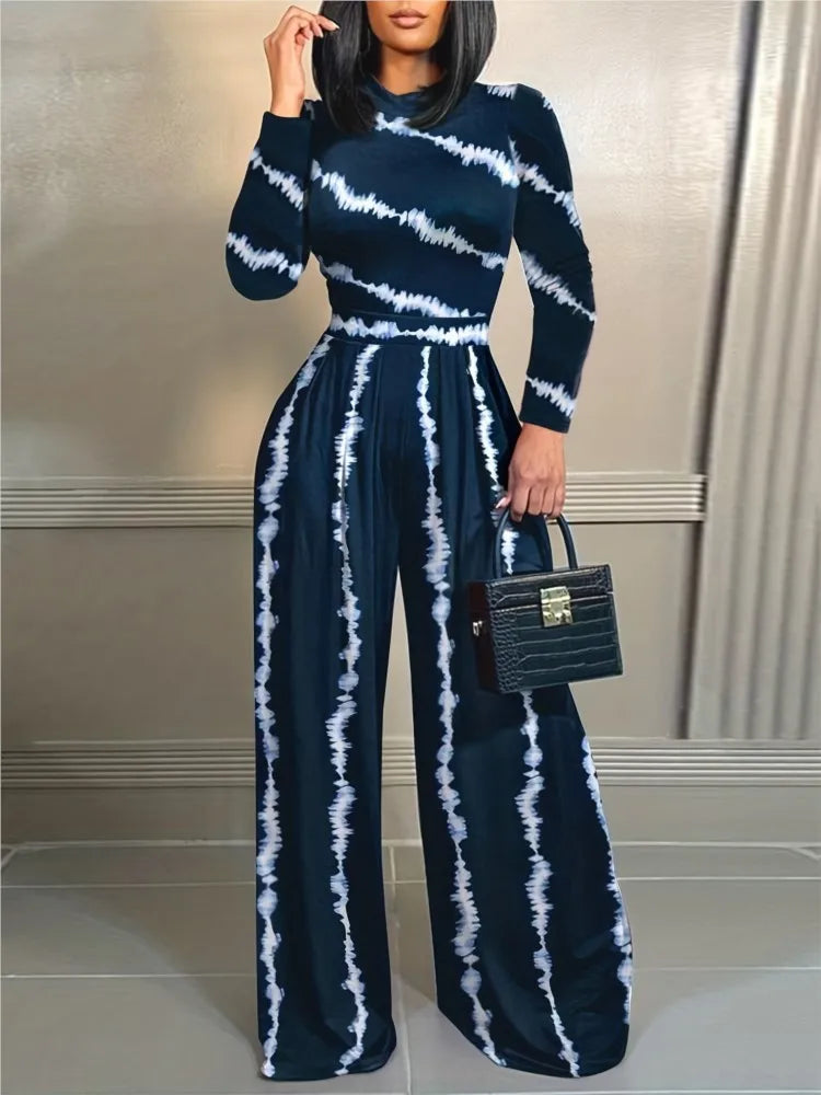 Elegant Women Stand Neck Slim Long Sleeve Bodysuits Fall/winter Fashion Print Wide Leg Rompers Casual Waist Jumpsuits Streetwear - JN Fashion Fusion