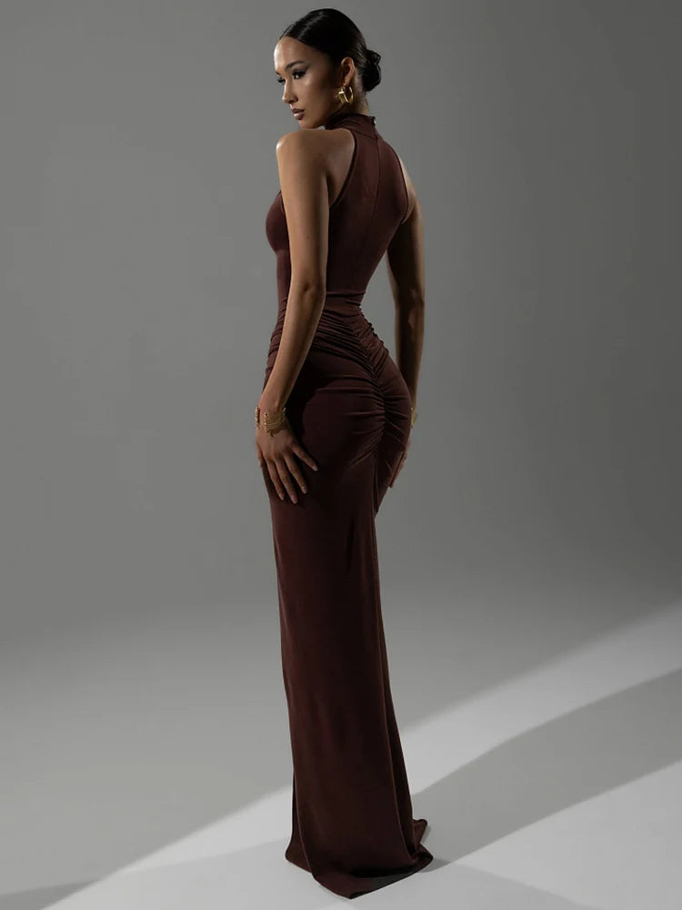 Mozision Halter Ruched Sleeveless Sexy Maxi Dress Women Gown Fashion Slim High Waist Evening Club Party Split Long Dress - JN Fashion Fusion