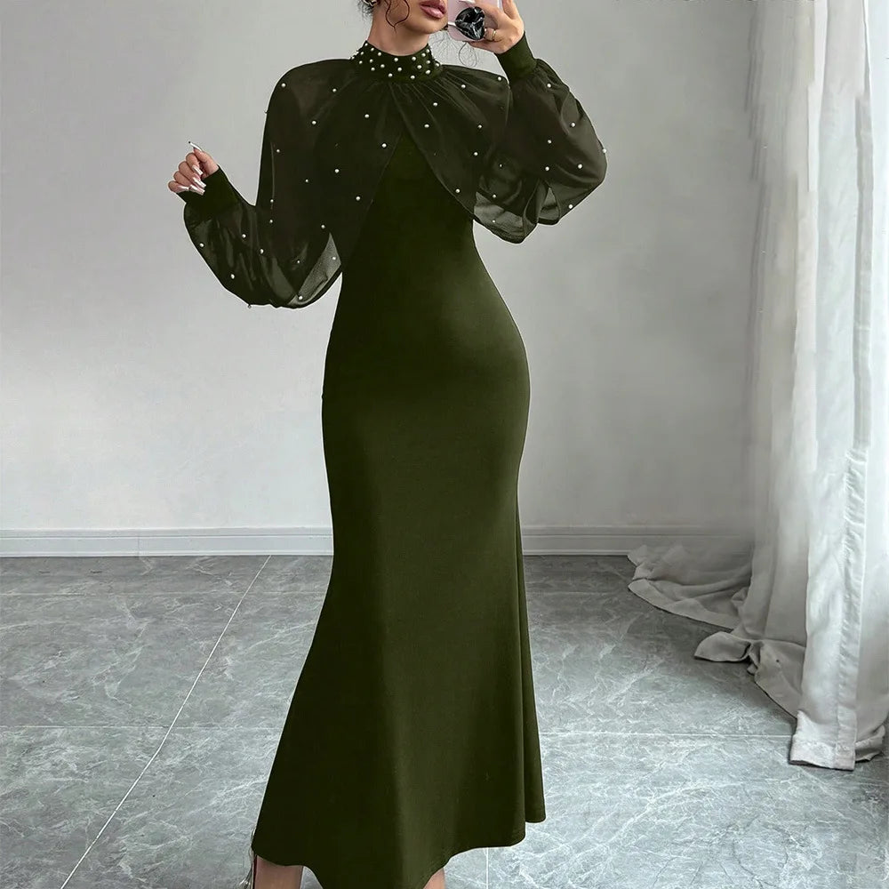 Women Dresses 2026 Spring Autumn New Solid Color Beading Decor Lace Splicing High Neck Long Sleeve Slim Hip Wrapping Long Dress - JN Fashion Fusion