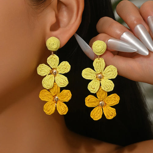 Bohemia Sweet Colorful Raffia Layered Flower Earrings for Women Girls Summer Handmade Rattan Knit Drop Earrings Holiday Jewelry - JN Fashion Fusion
