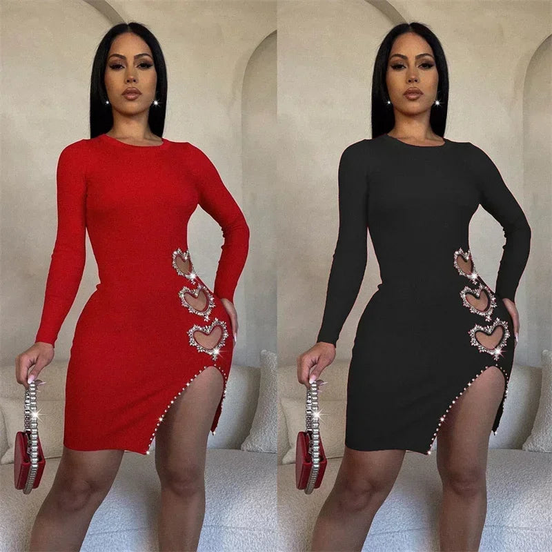 Diamonds Heart-shaped Love Birthday Dress for Women Night Party Long Sleeve Hollow Out Side Slit Bodycon Mini Dresses Clubwear - JN Fashion Fusion