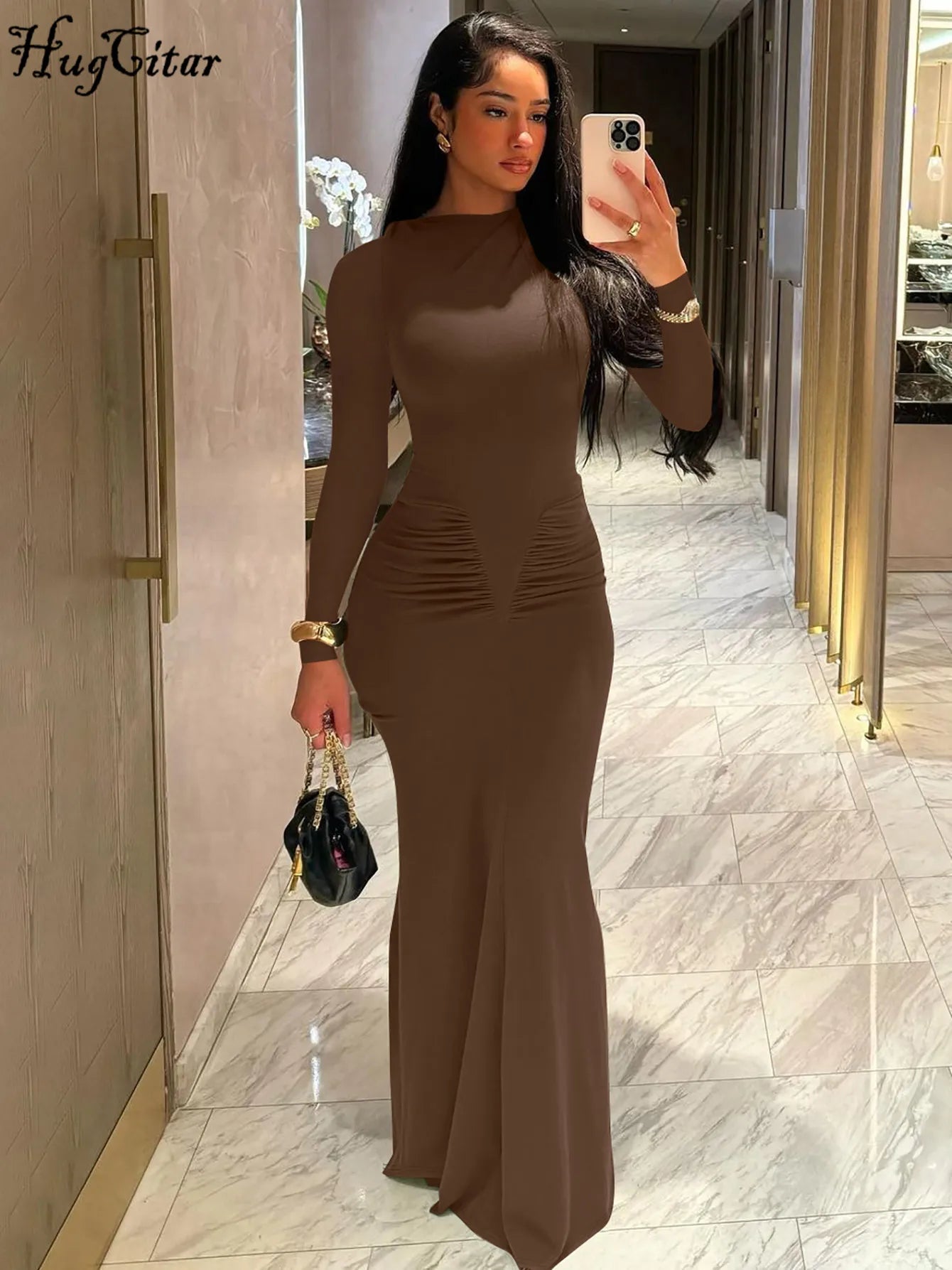 Hugcitar Autumn Solid Long Sleeve Draped Sexy Bodycon Maxi Prom Dress Women Fashion Y2K Outfits Evening Party Festival Club - JN Fashion Fusion