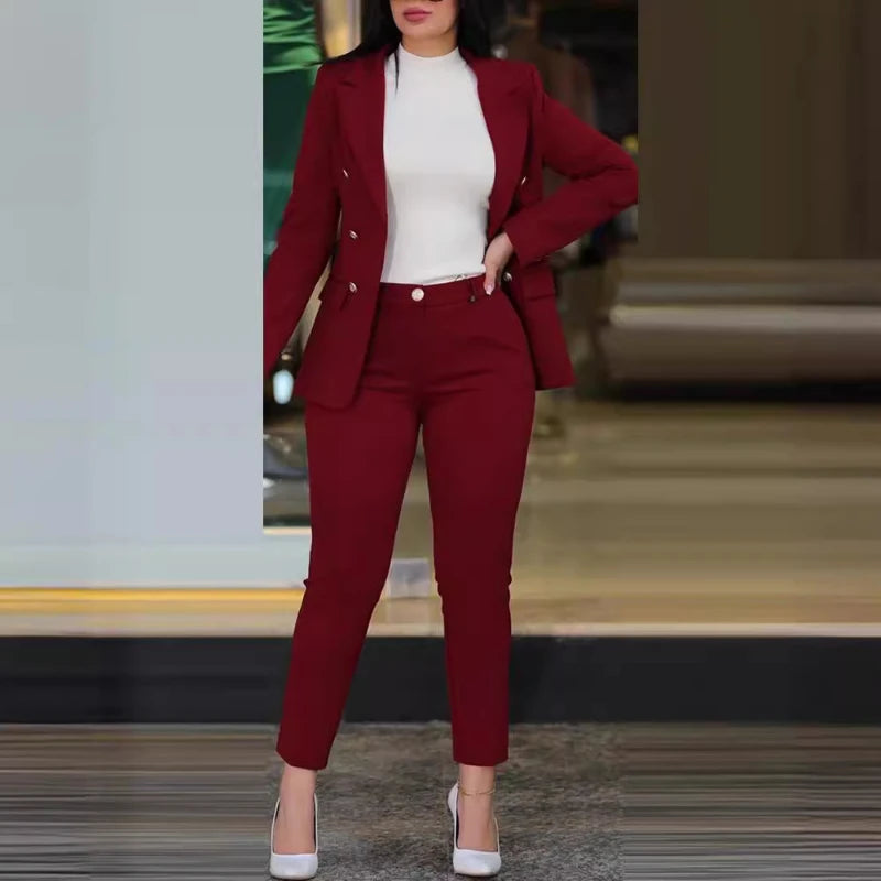 Pants Sets Two Piece Women Cardigan Blazer Double Breasted Slim Fit Pencil Pants Pockets Solid Casual Suits Outwear Spring 2025 - JN Fashion Fusion