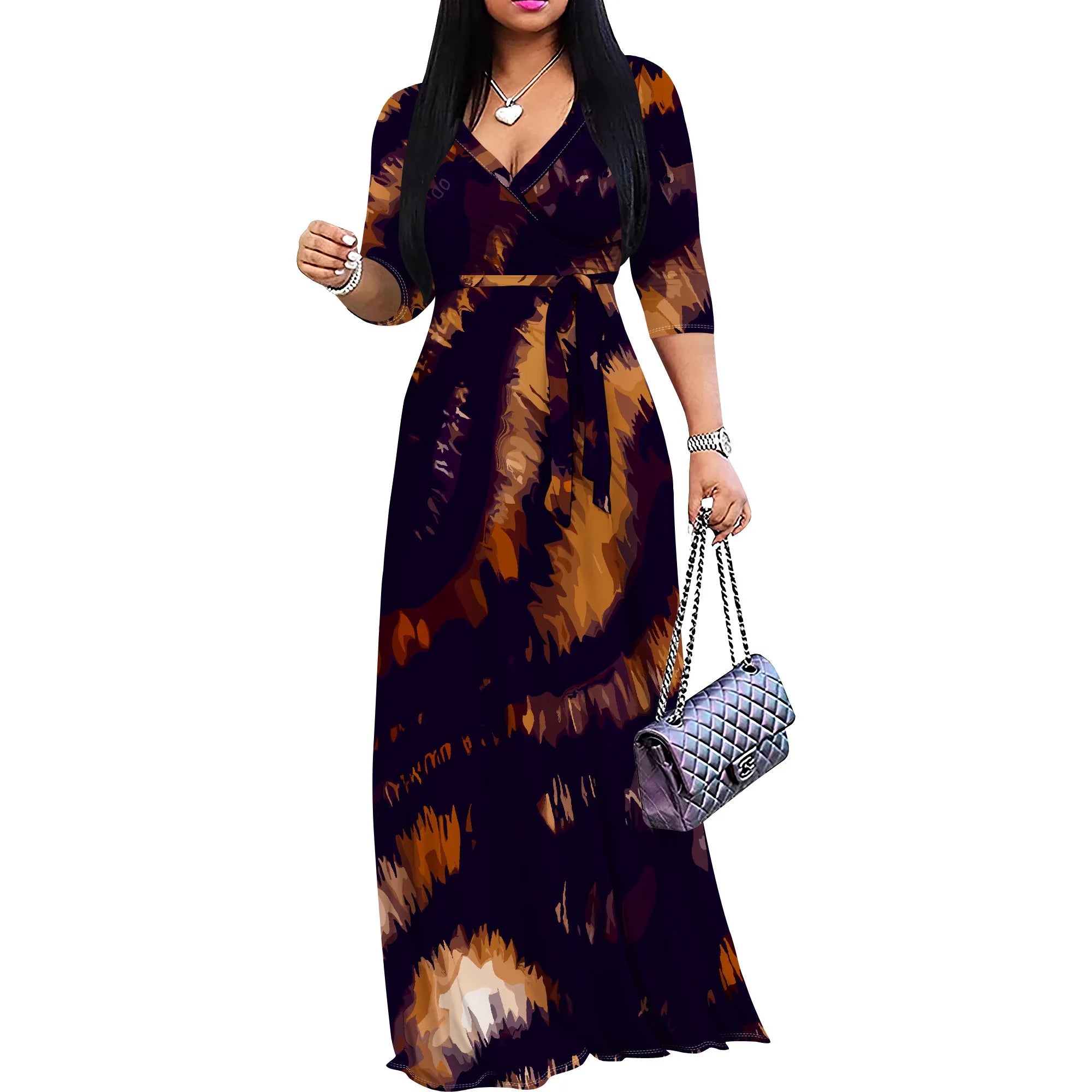 Casual Printed Maxi Dress Women Hawaii Vacation V Neck 3/4 Sleeve Loose Fit Long Dress
