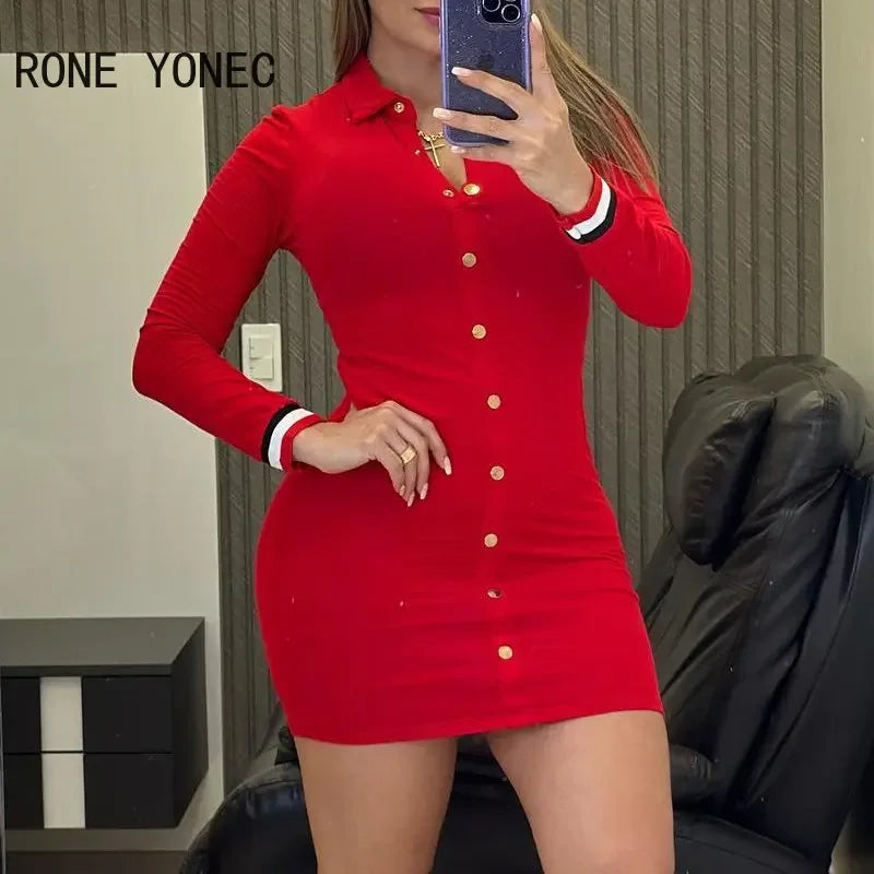 Women Casual Long Sleeves Turn Down Collar Solid Button A-line Mini Skinny Red Dress - JN Fashion Fusion