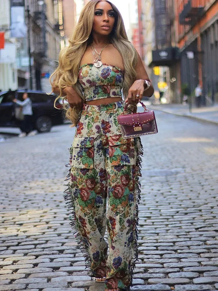 Floral Print Two Piece Set for Women Clothing Outfit Sets Y2K Birthday Party Strapless Crop Top and Side Tassel Wide Leg Pants - JN Fashion Fusion