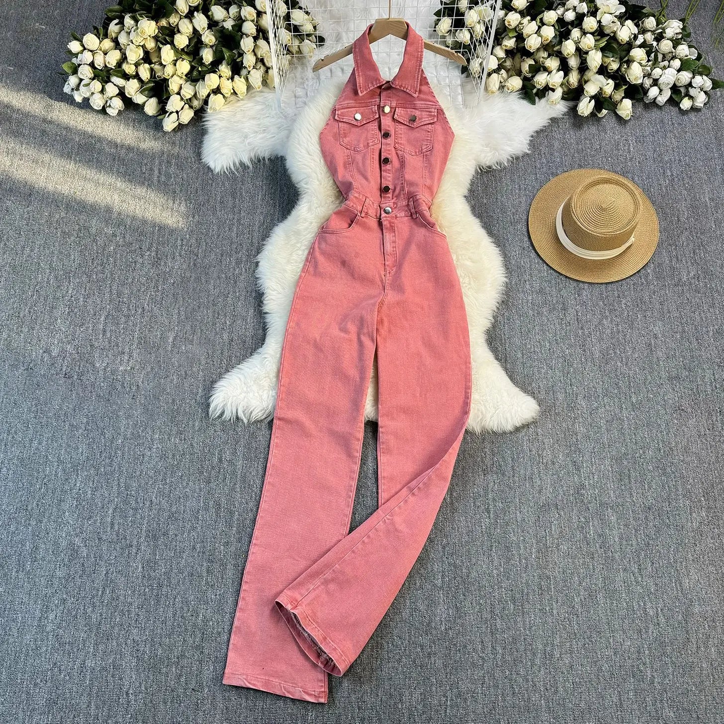Demin Overalls Women One Piece Halter Jumpsuits Long Pants High Waist Rompers Y2k Streetwear Party C;ub Slim Fit 2025 Summer - JN Fashion Fusion