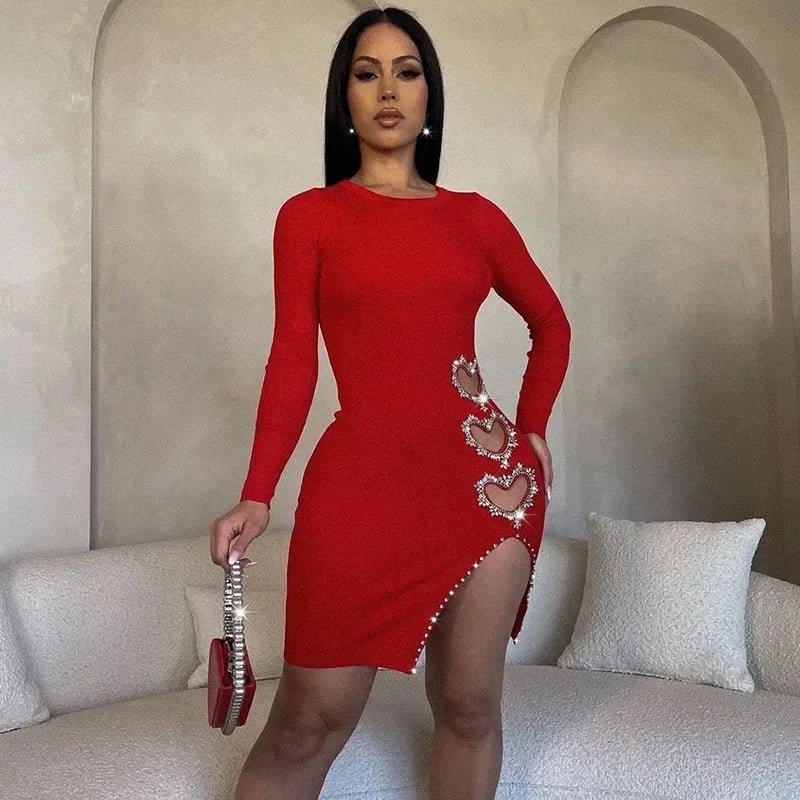 Diamonds Heart-shaped Love Birthday Dress for Women Night Party Long Sleeve Hollow Out Side Slit Bodycon Mini Dresses Clubwear - JN Fashion Fusion