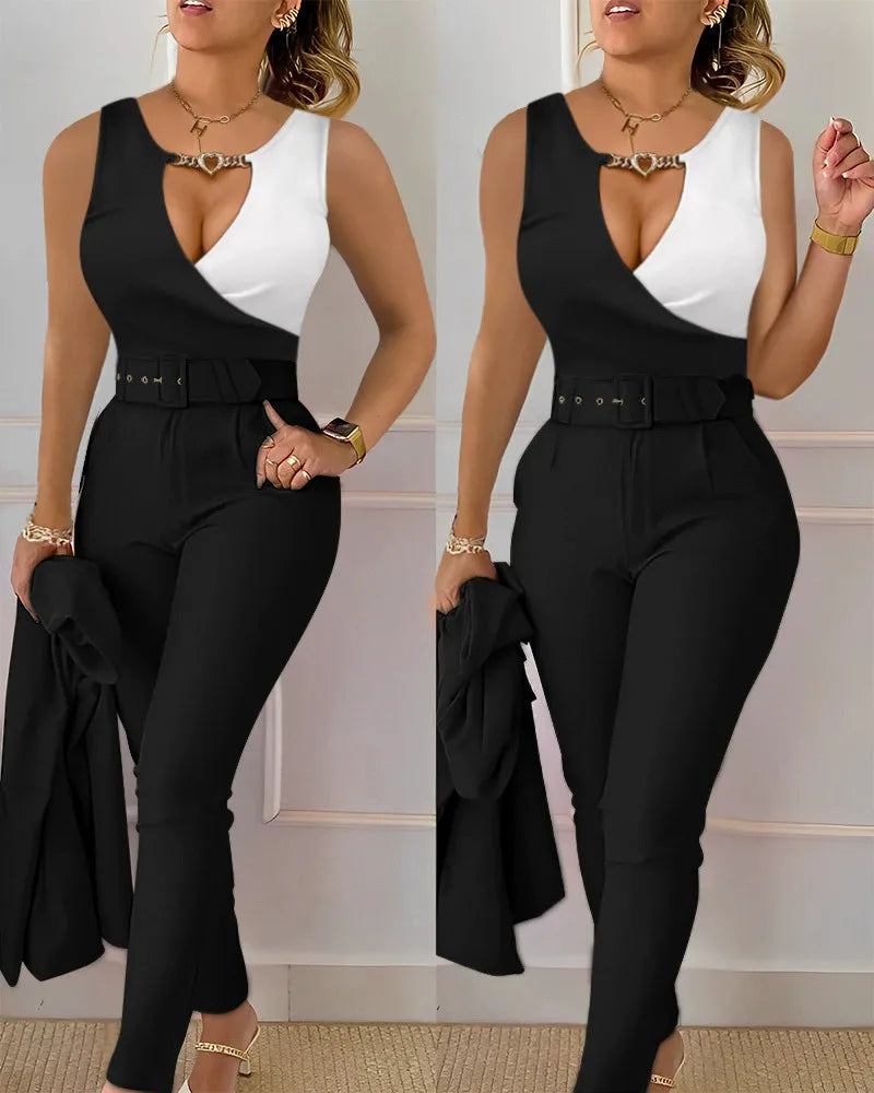 Two Piece Set Women Outfit 2024 Summer Fashion Hollow Out Round Neck Sleeveless Tank Top & Casual Pocket Daily Pants Set PP9X - JN Fashion Fusion
