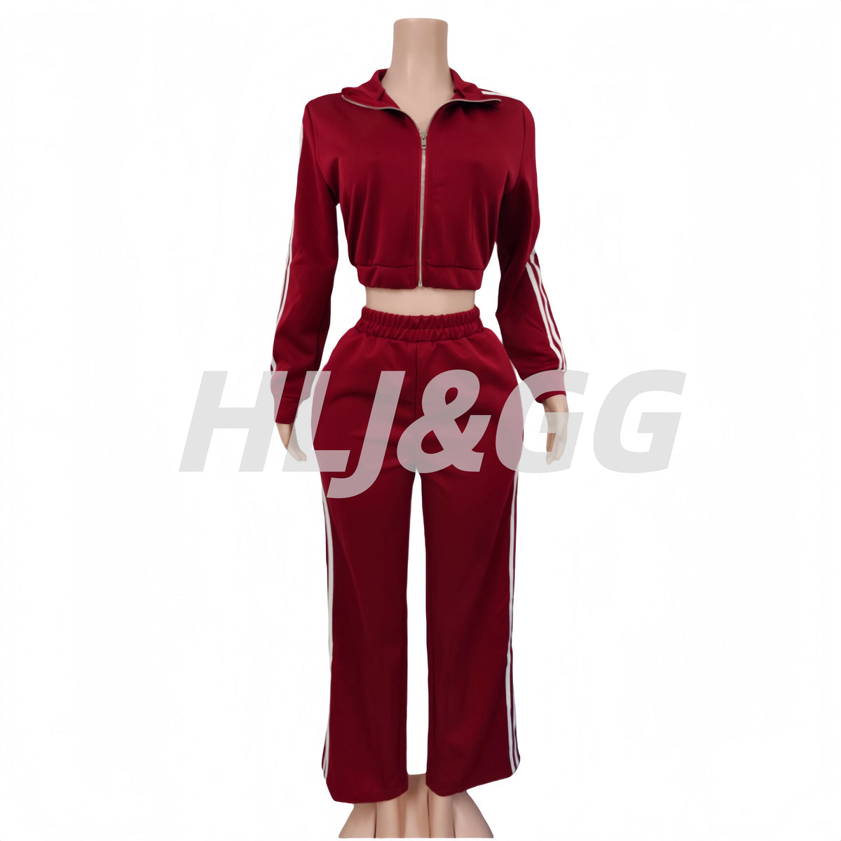 JN Fashion Fusion women's 2-piece stripe patchwork crop top and pants set with long sleeves, solid color streetwear outfit.