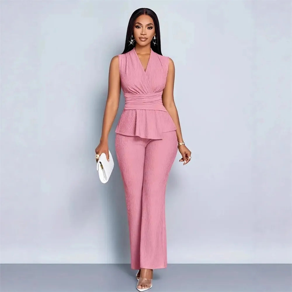 New Spring Summer Women's Trousers Two-piece Elegant Slim V-neck Sleeveless Irregular T-shirt Wide-leg Pants Office 2-piece Set - JN Fashion Fusion