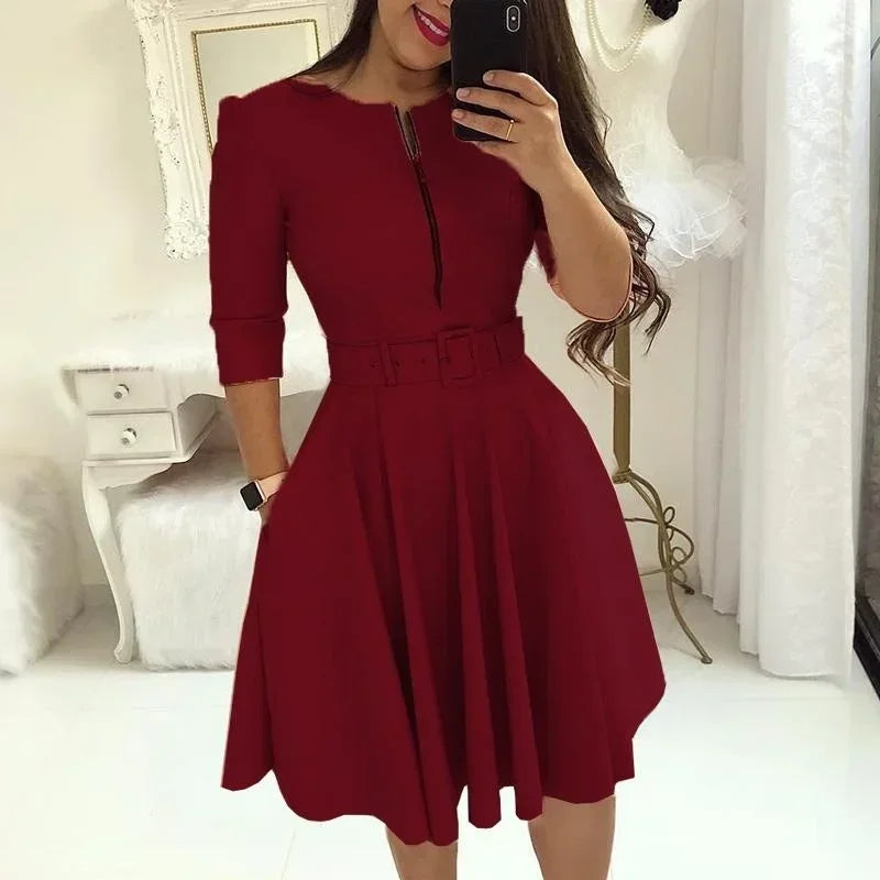 Fashion Women Patchwork A-line Dresses Autumn/Winter Round Neck Printed Belt Party Dress Elegant Office Lady Zipper Dress - JN Fashion Fusion