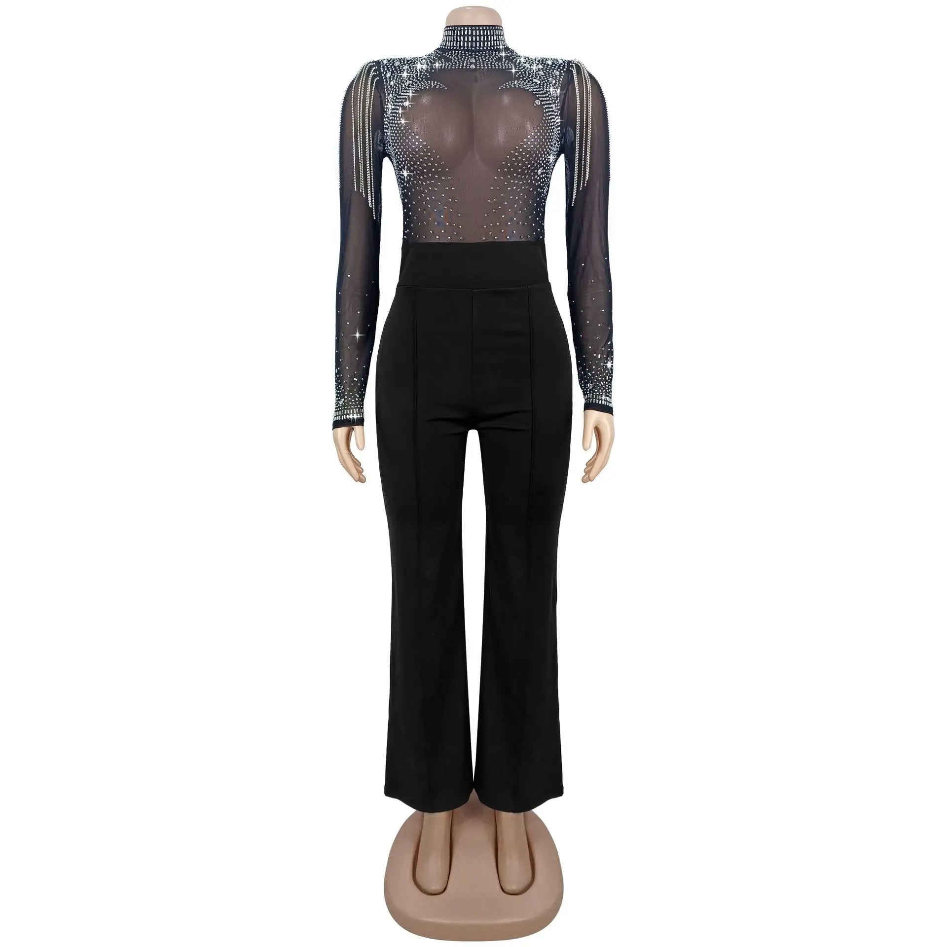 See Through Mesh Rhinestone Club Jumpsuit Sexy Women O-neck Elegant Shiny Tassel Diamonds Straight Romper Overalls - JN Fashion Fusion
