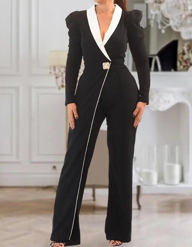 Jumpsuit Women 2026 Spring Colorblock Long Puff Sleeve Jumpsuit with Shawl Collar Casual Faux Two Piece Button Details Romper