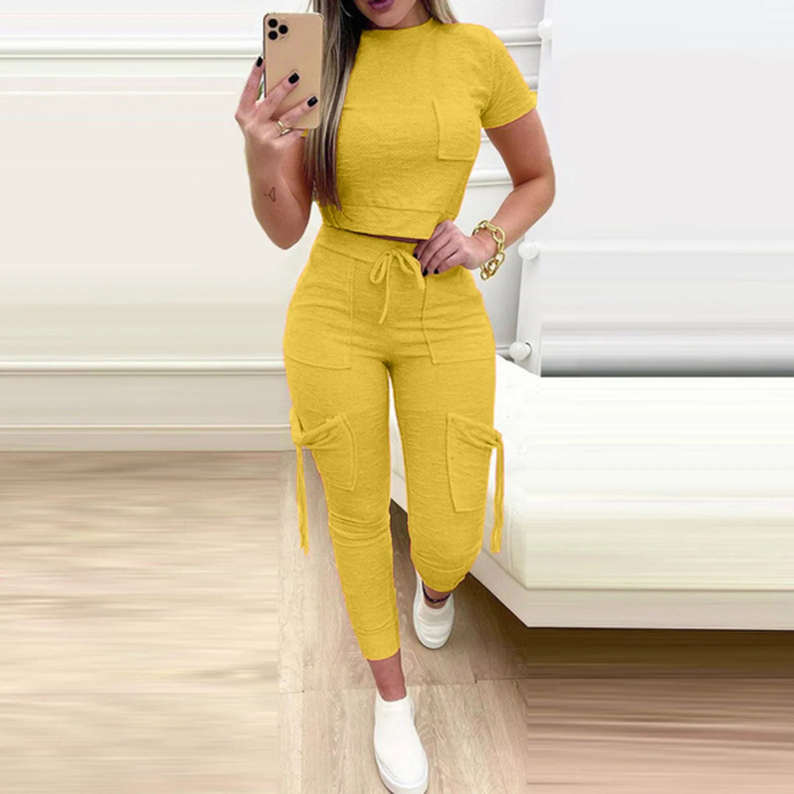 Tight Solid Color Two Piece Set Women Cropped T Shirt Slim Long Pants Leace-up Pocket Ladies Sets 2026 Spring Summer Sportswear - JN Fashion Fusion