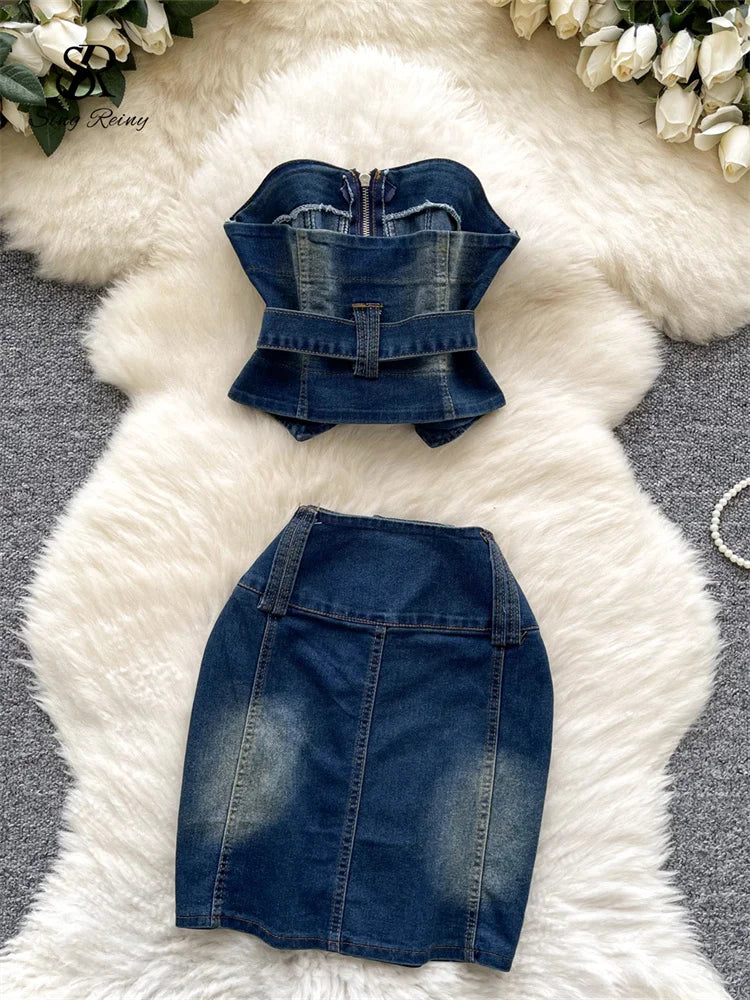 SINGREINY Sexy Vintage Denim Sets Strapless Zipper Backless Belt Mini Top+High Waist Bodycon Skirt Women Summer Fashion Suits - JN Fashion Fusion