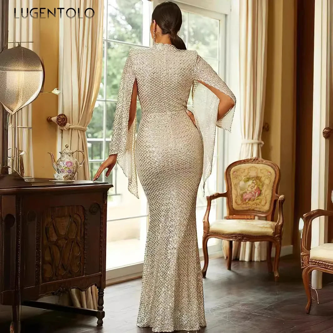 Women Elegant Dress Cocktail Party Long Sleeve Elegant Sequins Lady Temperament Golden Color O-neck Banquet Maxi Clothing - JN Fashion Fusion