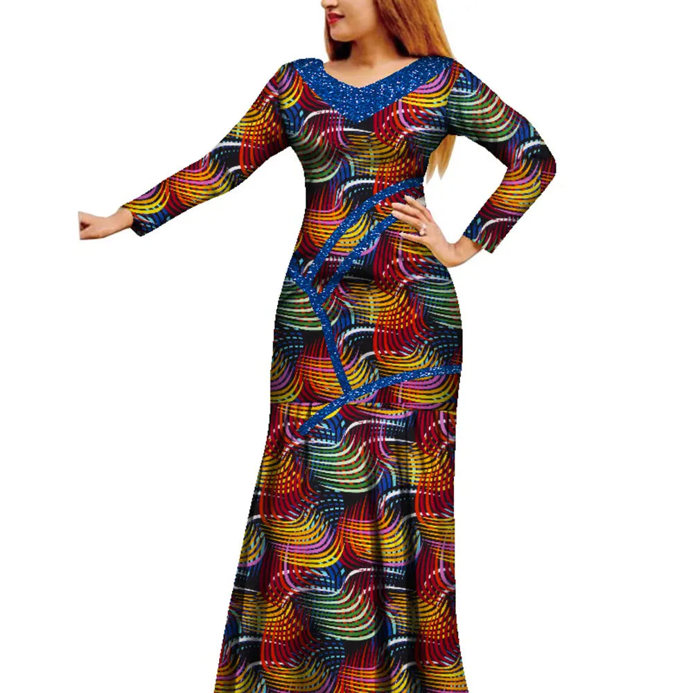 African Women Dress African Wax Print Dress Bazin Riche Long Sleeve Maxi Dress Lady African Clothes WY8679