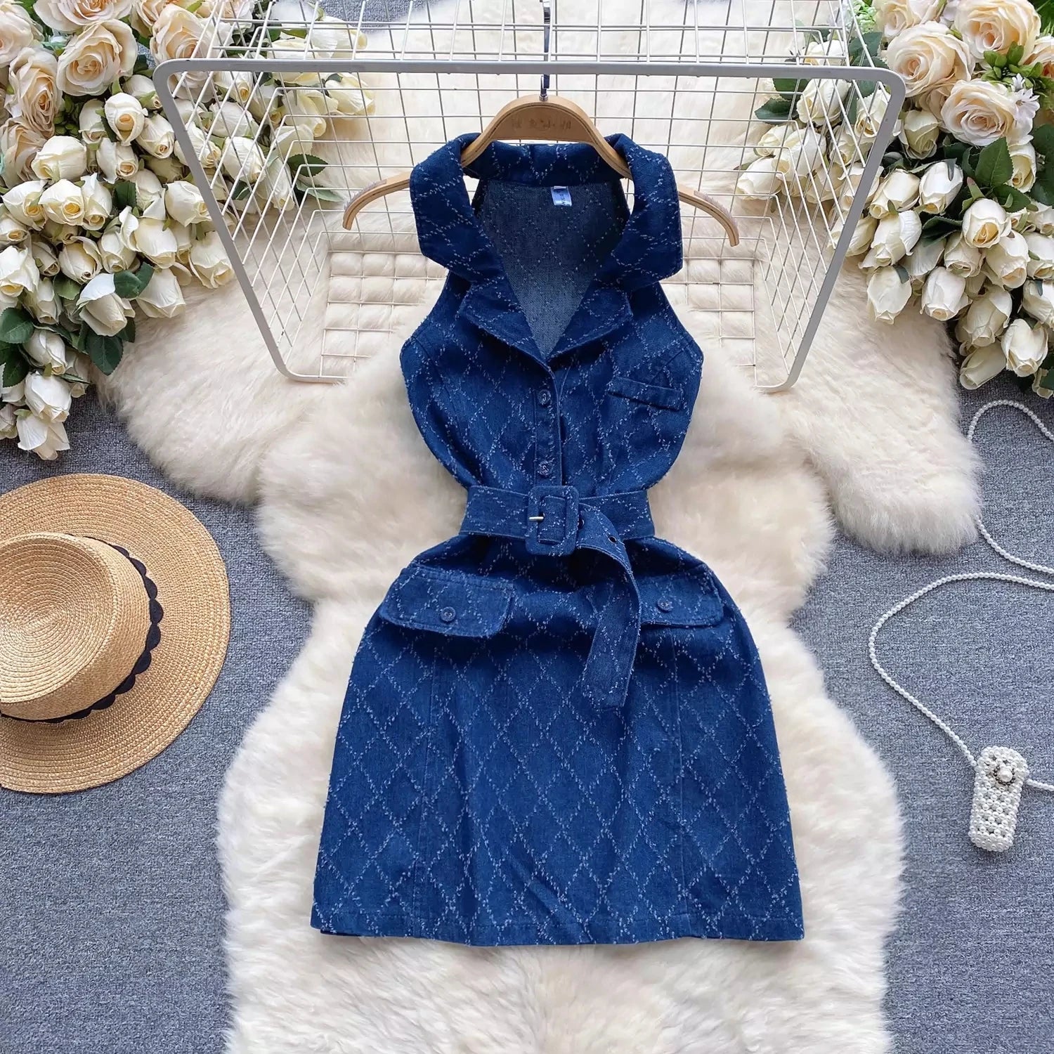 Summer Women Plaid Denim Dress Vintage Style Sleeveless Temperament Single Breasted Slim Short A-line Jeans Dress Sundress - JN Fashion Fusion