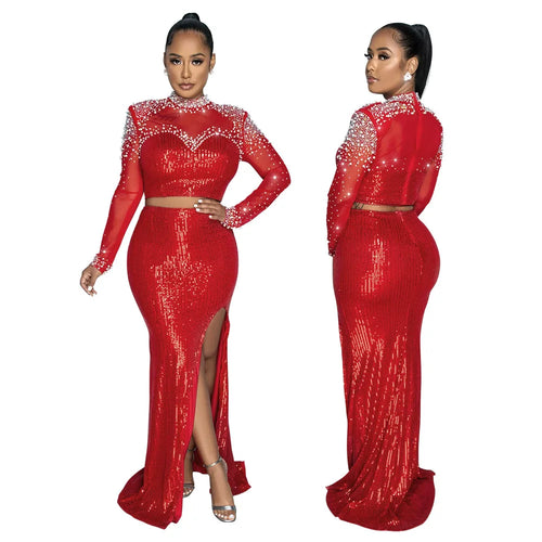 African Clothes for Women 2 Piece Sequin African Long Sleeve O-neck Party Evening Top Long Skirts Matching Sets Dashiki Outfits - JN Fashion Fusion