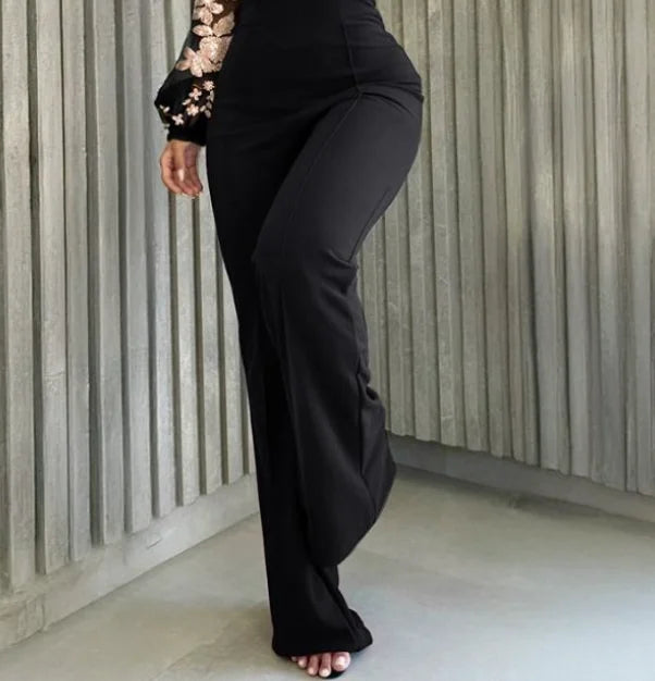 Women's Sweetheart Neck Sequin Flower Mesh Lantern Sleeves Lace-Up Back Jumpsuit Casual Backless Seam Front Wide Leg Jumpsuit