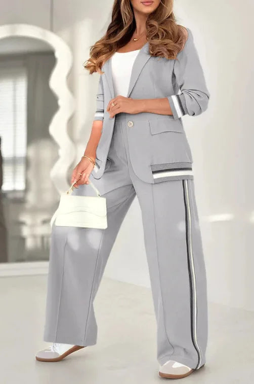 JN Fashion Fusion women's wide-leg pant set with high-waist trousers, button coat, patchwork design, and pockets.