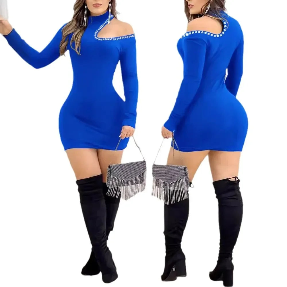 Women's Clothing Hollow Hot Drilling Midi Dress Long Sleeve Solid Color Sexy Bodycon Fashion Summer Dress - JN Fashion Fusion