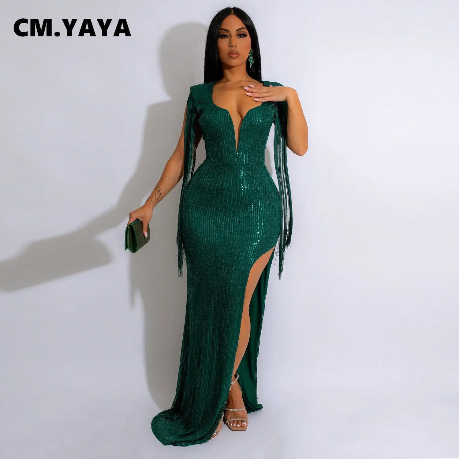 CM.YAYA Women Sequined Tassel Sleeve High Side Slit Midi Maxi Long Dress Autumn Winter Sexy Prom Party Evening Bodycon Dresses - JN Fashion Fusion
