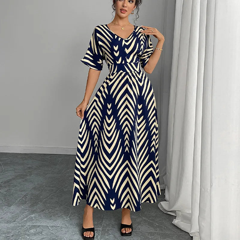 Women's Dresses Fashion Printed V-neck Short Sleeve Waist Wide Dress Summer New Stripe Belt Comfortable Elegant Party Dresses - JN Fashion Fusion