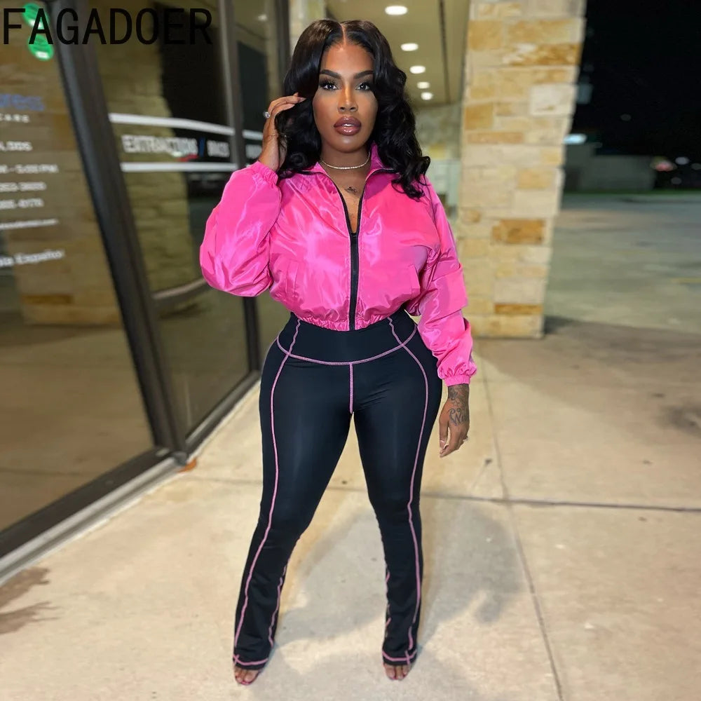 FAGADOER Autumn Winter Casual 2 Pieces Set for Woman Outfits Solid Color Long Sleeves Crop Top + Flared Pants Female Sportswear