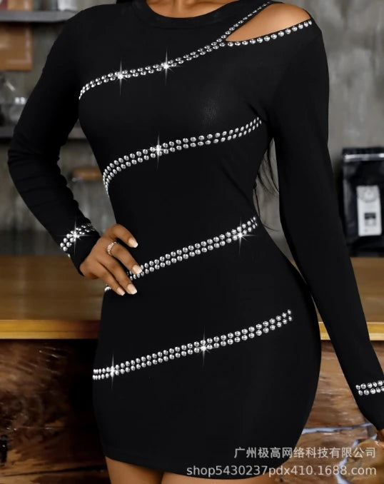 Temperament Bag Hip Base Skirt for Women 2026 Spring Elegant Sexy Slim Fit Off-Shoulder Hot Drill Slim Long Sleeve Medium Length