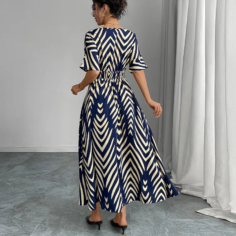 Women's Dresses Fashion Printed V-neck Short Sleeve Waist Wide Dress Summer New Stripe Belt Comfortable Elegant Party Dresses - JN Fashion Fusion