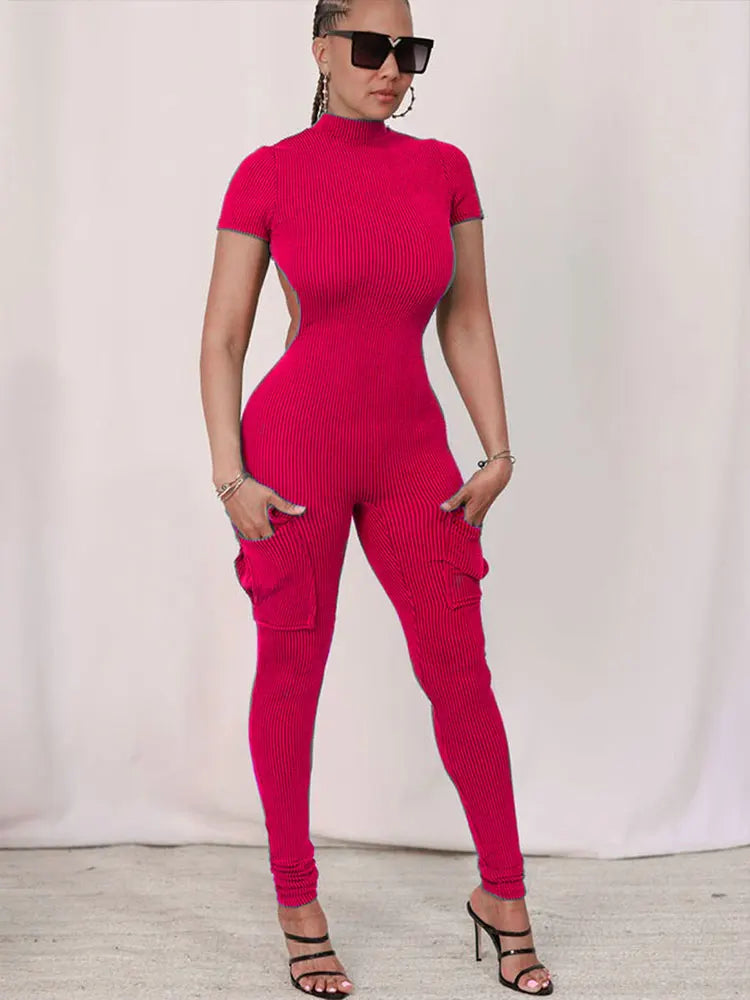Spring New Women's Jumpsuits Sexy Sweet Pink Hollow Out Jumpsuit Streetwear Fashion Pockets Short Sleeve Female Elegant Rompers - JN Fashion Fusion