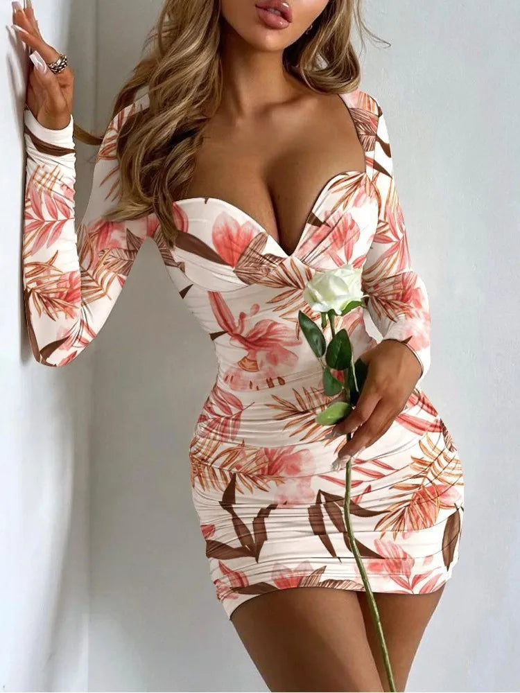 Sexy Package Hip Slim Mini Dress Printed Low Cut Bodycon Party Night Club Dresses For Women Fashion Trendy Tight Short Vestidos - JN Fashion Fusion