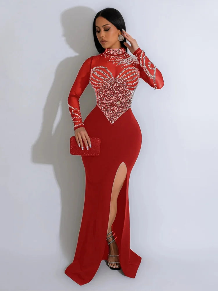 Women Dress Floor Length Dresses Round Neck Full Sleeve Party Gown Hot Drilling Hip Wrap Sexy Slim Fit Vestidos Evening - JN Fashion Fusion