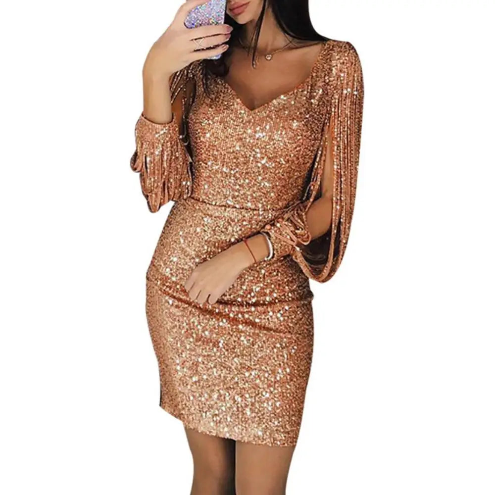 2024 New Silver Sequin Skinny Dress Women Sexy Tassel Sleeves V Neck Club Mini Dress Elegant Ladies Bodycon Pencil Party Vestido - JN Fashion Fusion