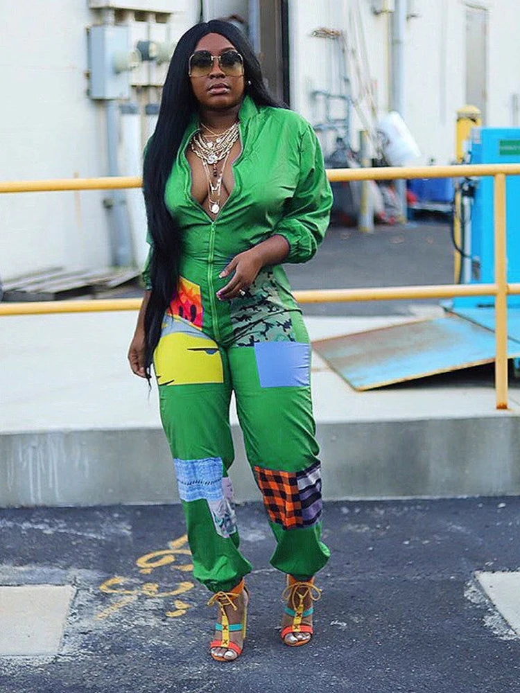 Sporty Jumpsuit Woman Spring Long Sleeve Plus Size Jumpsuits and Rompers Zipper in Front One Piece Outfit Streetwear Jumpsuits - JN Fashion Fusion