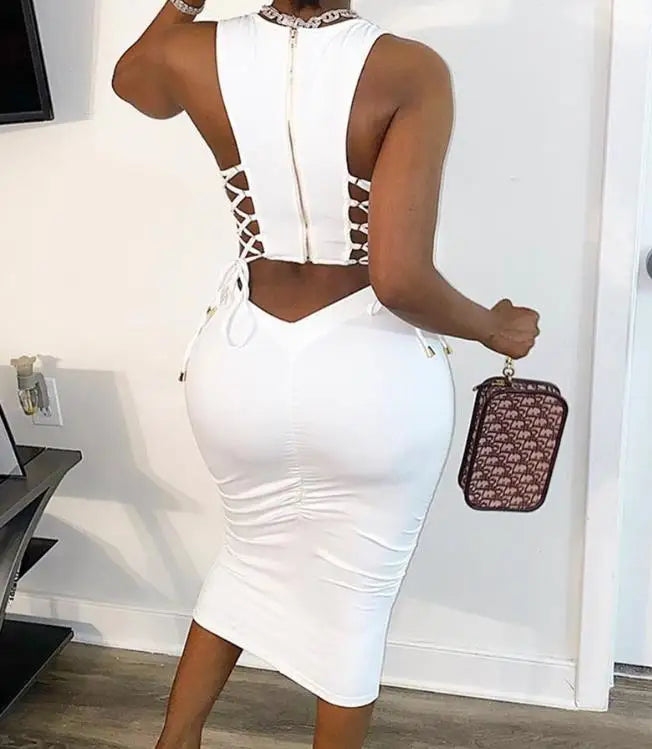 Women Sexy Cut Out Lace-Up Dress 2023 Summer Ladies Fashion Women's Zipper Design Sleeveless Midi Bodycon Lace-Up Dresses - JN Fashion Fusion