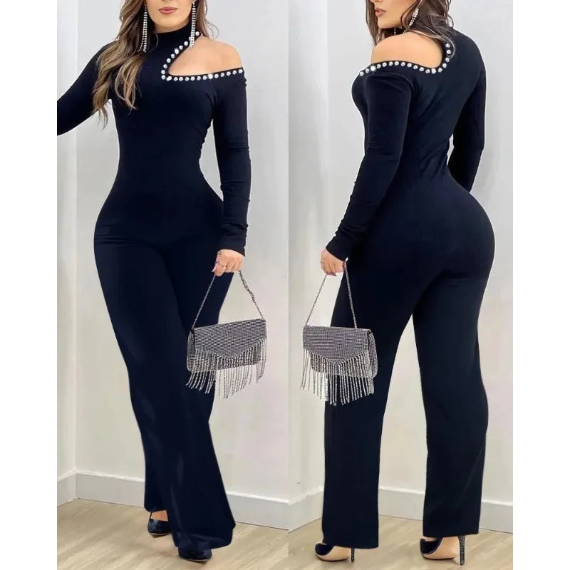 Rhinestone Jumpsuits Women Cold Shoulder High Neck High Waist Rompers Jumpsuit Long Sleeve Slim Fit Flared Pants Jumpsuit
