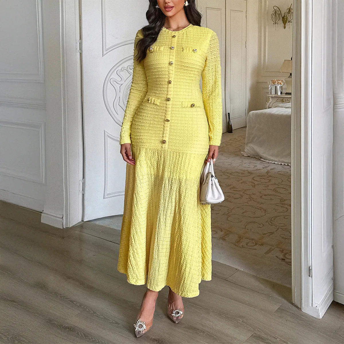 Long Dress for Women 2025 Autumn Elegant Style Birthday Dresses Long Sleeved Solid Color Women Clothing - JN Fashion Fusion
