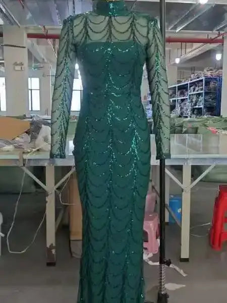 Missord Wave Sequin Party Dresses Elegant Women High Neck Long Sleeves See Though Bodycon Evening Prom Dress With Line Long Gown - JN Fashion Fusion