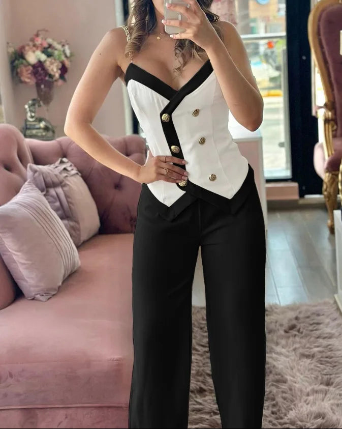 Spring Summer New Fashion Commuter Women Suit Irregular Top Wide Leg Trousers Metal Suspenders Double Breasted Slim Suit Lady - JN Fashion Fusion