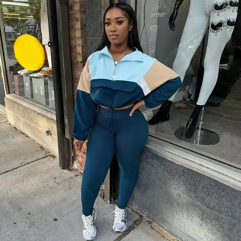 Sporty Casual Two Piece Set for Women Sweatsuit Fall Winter Patchwork Sweatshirt Top and Pants Running Tracksuit Joggings Femme - JN Fashion Fusion