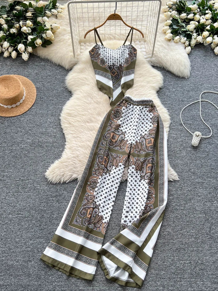 SINGREINY Sexy Print Vintage 2pcs Sets Women Sleeveless Strapless Tops+Wide Leg Pants Summer Ethnic Style Backless Outdoor Suit - JN Fashion Fusion