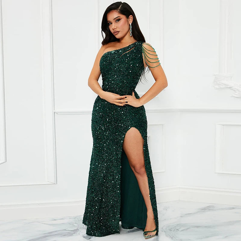 Summer New Women's Green One Shoulder Diagonal Neck Sequin Slim Fit Split Dress Long Prom Evening Dress Sexy Party Dress