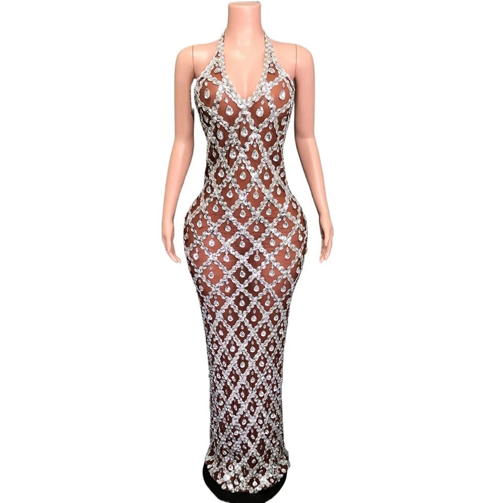 Sparkly Rhinestones Long Dress for Women Sexy V Neck Backless Mesh Transparent Celebrate Evening Wedding Prom Birthday Dress - JN Fashion Fusion